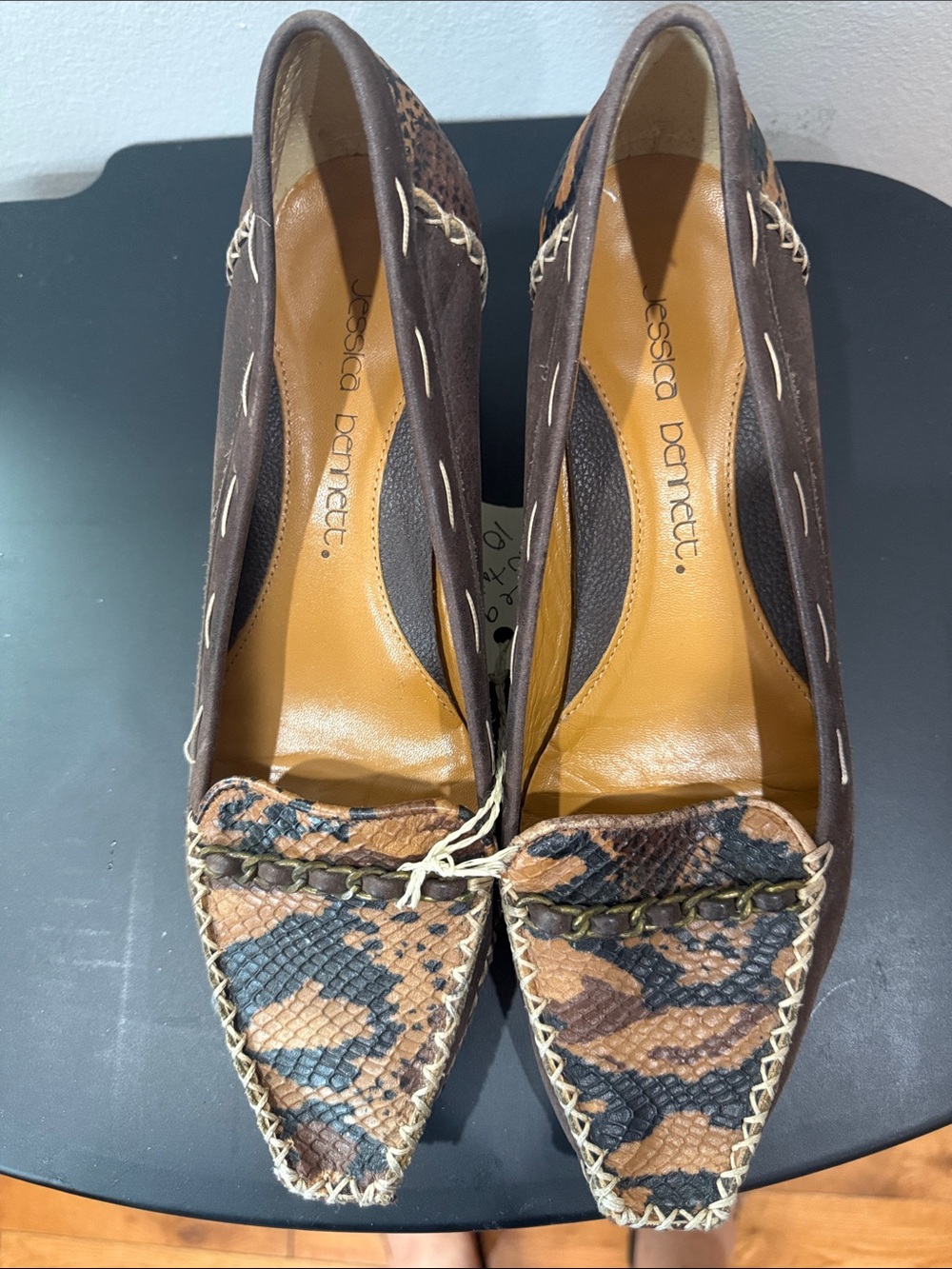 Jessica Bennett Brown Snakeskin-Pattern Pointed Loafers